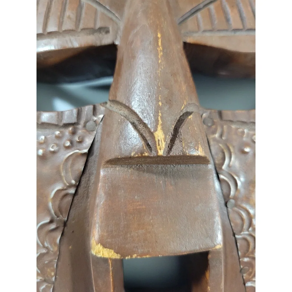 African Wooden Tribal Mask Round Face Black Brown Ghana Souvenir Wall Decor 11